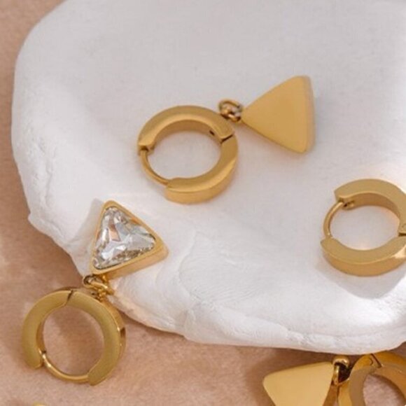 Gold Plated PVD Stainless Steel Cubic Zirconia Triangular Hoop Earrings - Picture 3 of 3